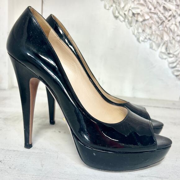 PRADA Patent Leather Slip On Peep Toe Platform Pumps Black Women's 38.5 US 8 - Picture 3 of 10